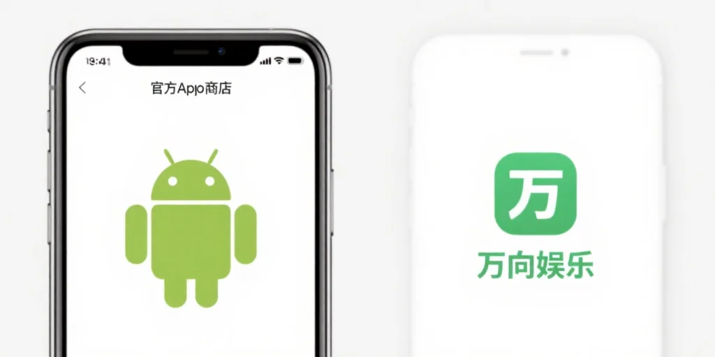 一张简洁的图示,展示安卓和iOS手机并列,屏幕上分别显示官方应用商店和万向娱乐APP图标,背景干净明亮