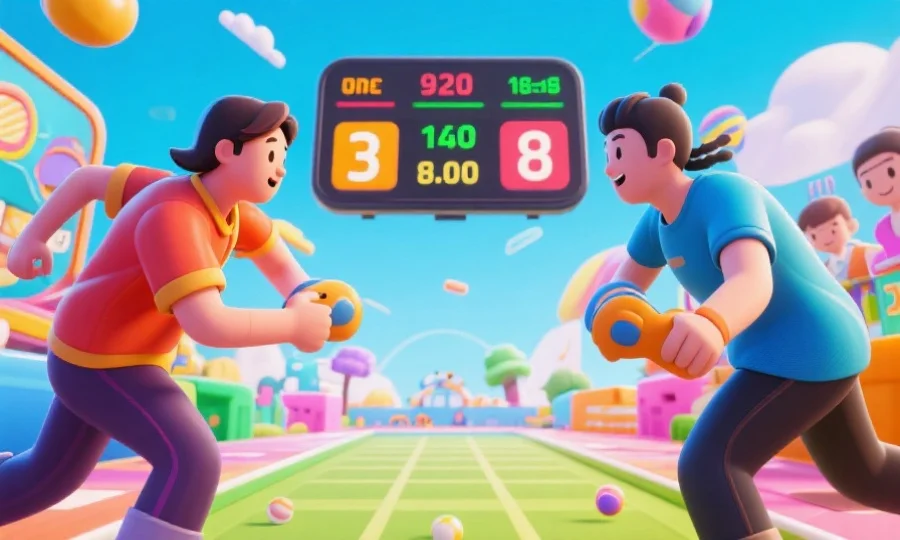 两位玩家在明亮的休闲竞技游戏场景中快速操作,比分板显示实时得分